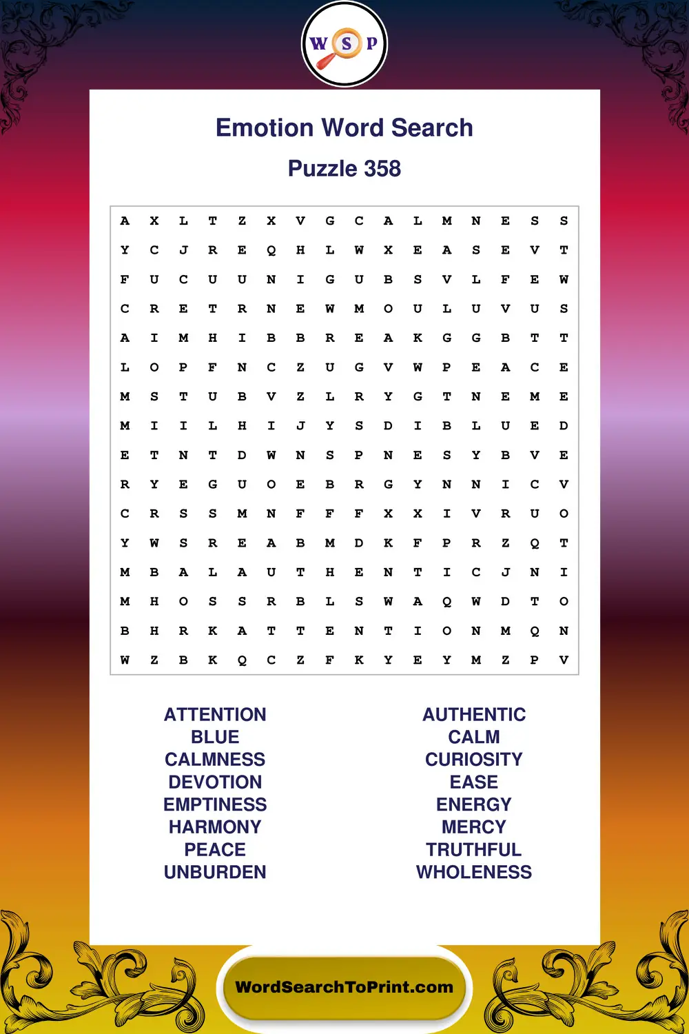 Emotion Word Search Puzzle 358