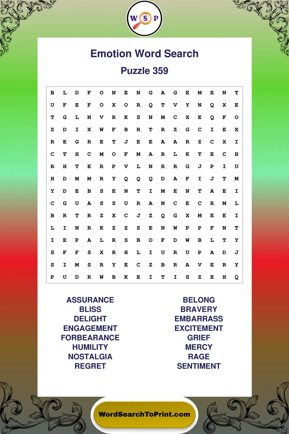 Emotion Word Search Puzzle 359
