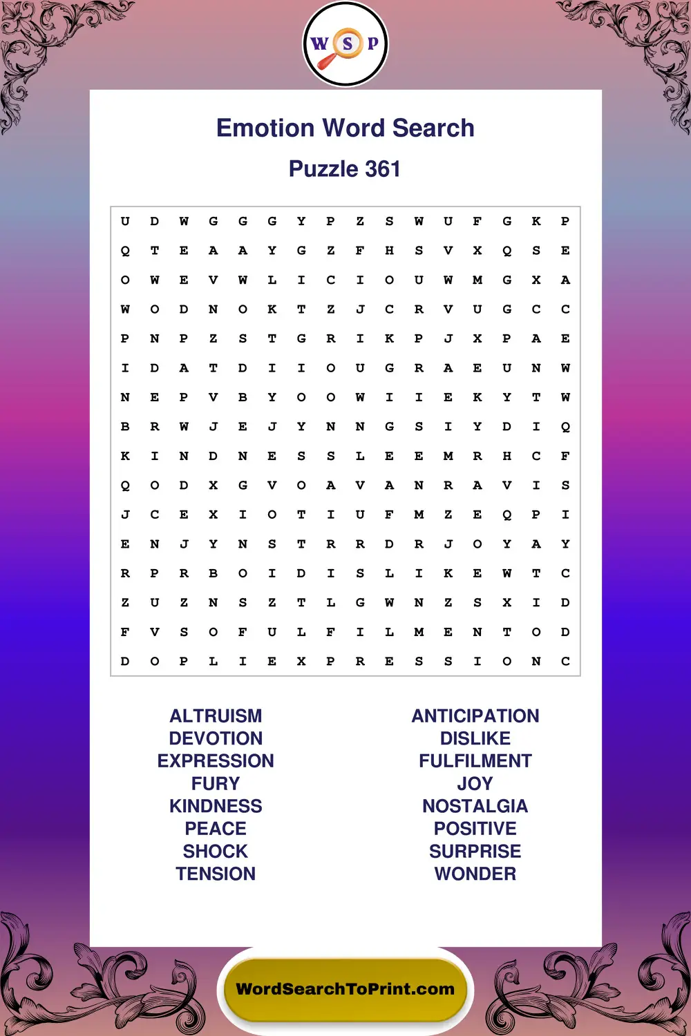 Emotion Word Search Puzzle 361