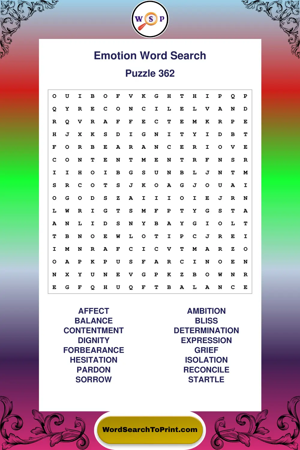 Emotion Word Search Puzzle 362