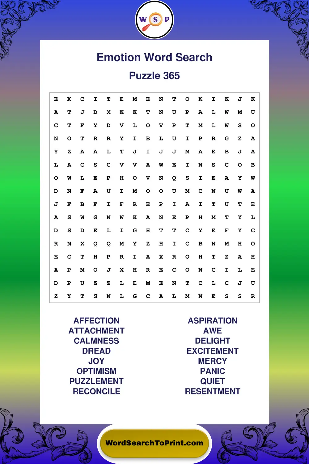 Emotion Word Search Puzzle 365