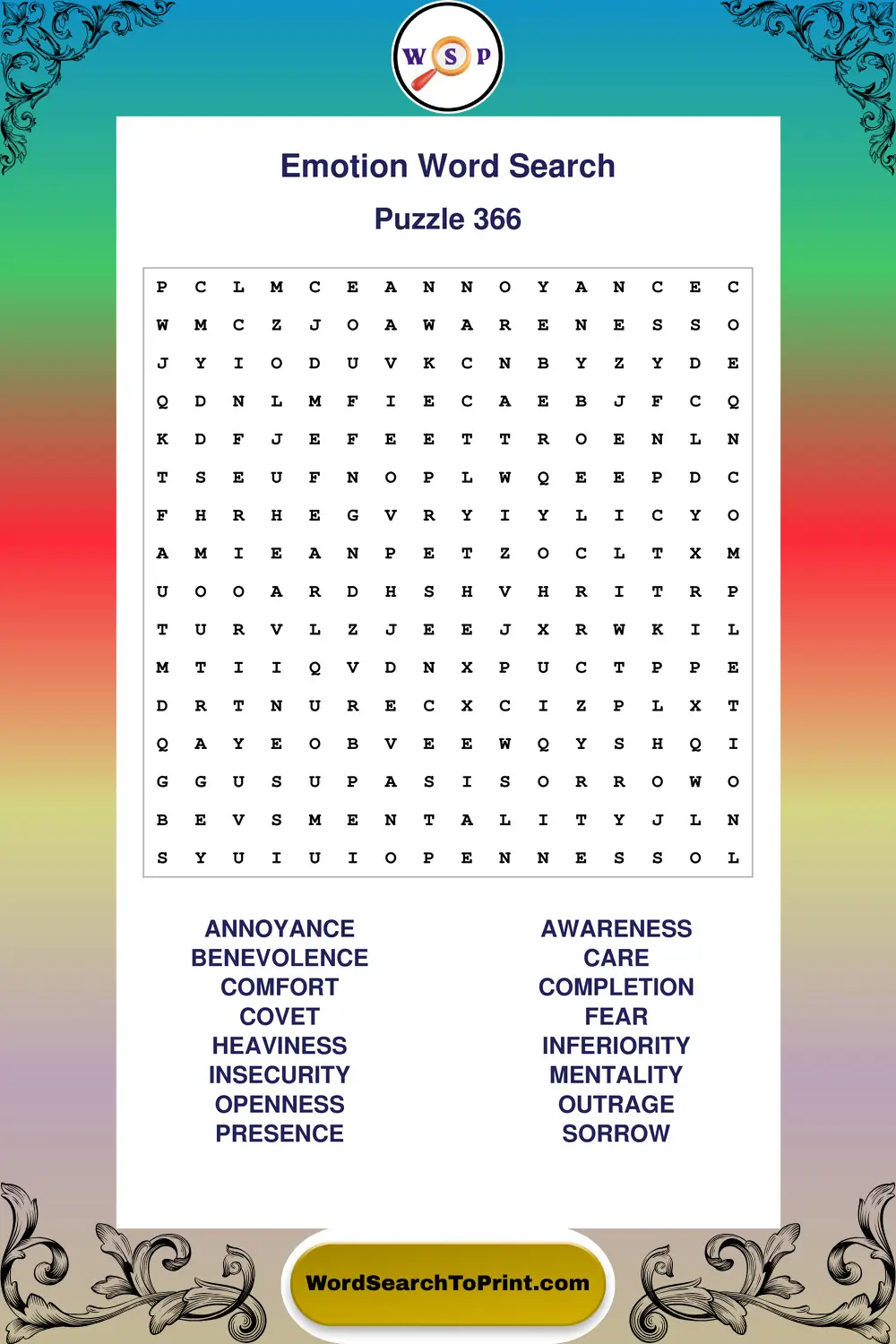 Emotion Word Search Puzzle 366