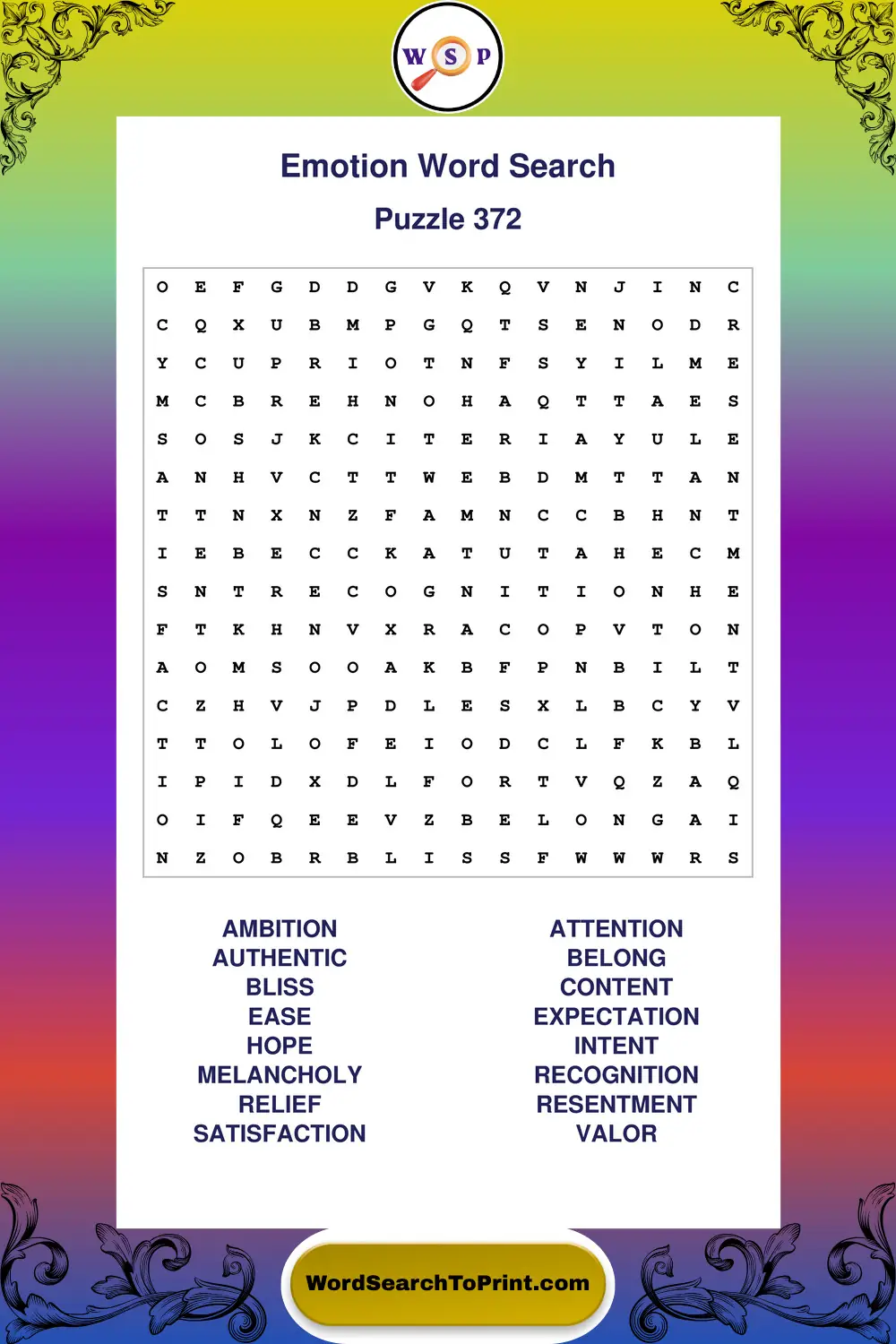 Emotion Word Search Puzzle 372