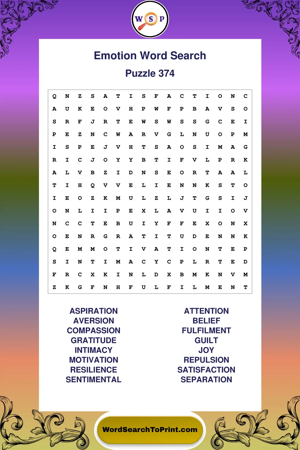Emotion Word Search Puzzle 374