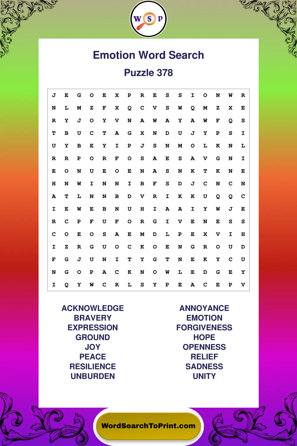 Emotion Word Search Puzzle 378