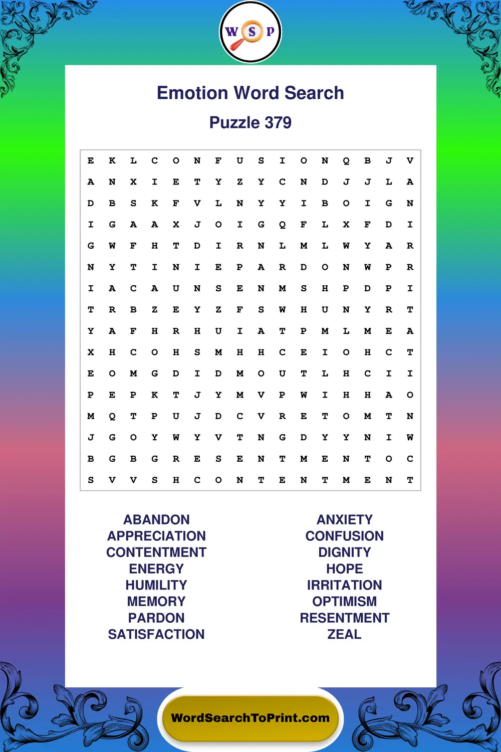 Emotion Word Search Puzzle 379