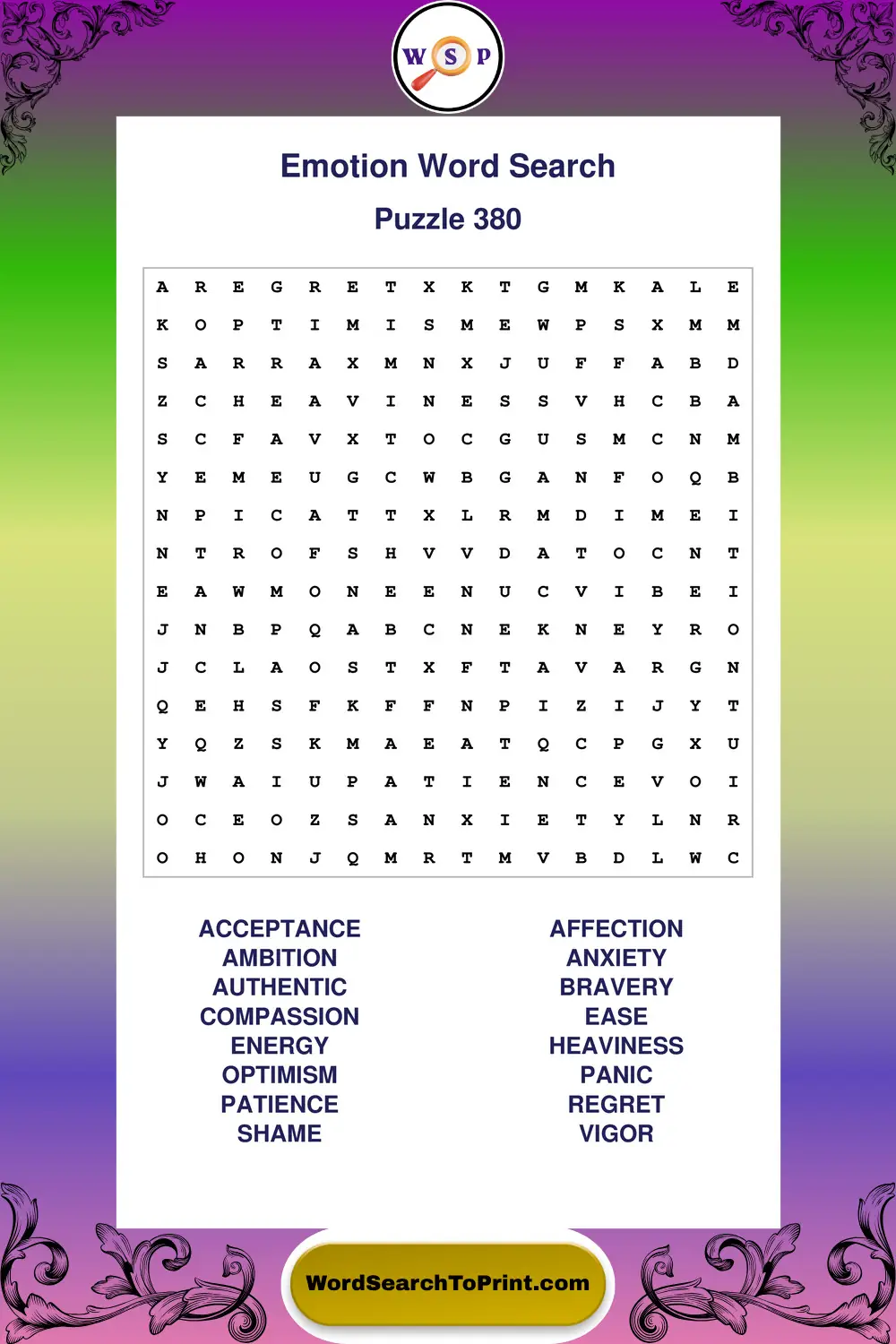 Emotion Word Search Puzzle 380