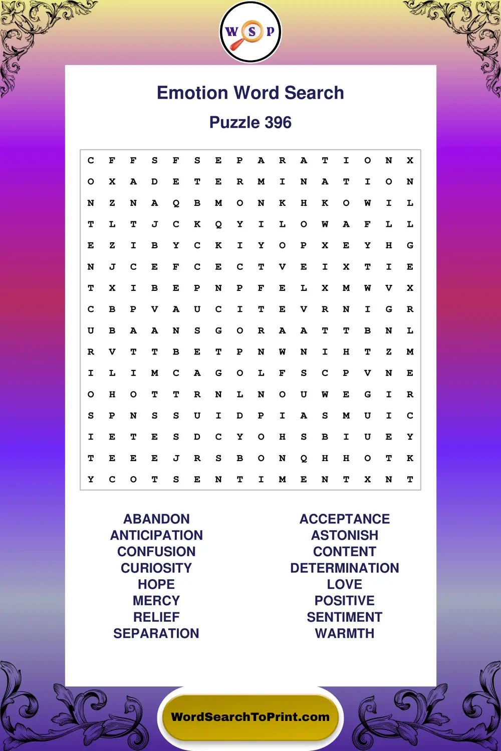 Emotion Word Search Puzzle 396
