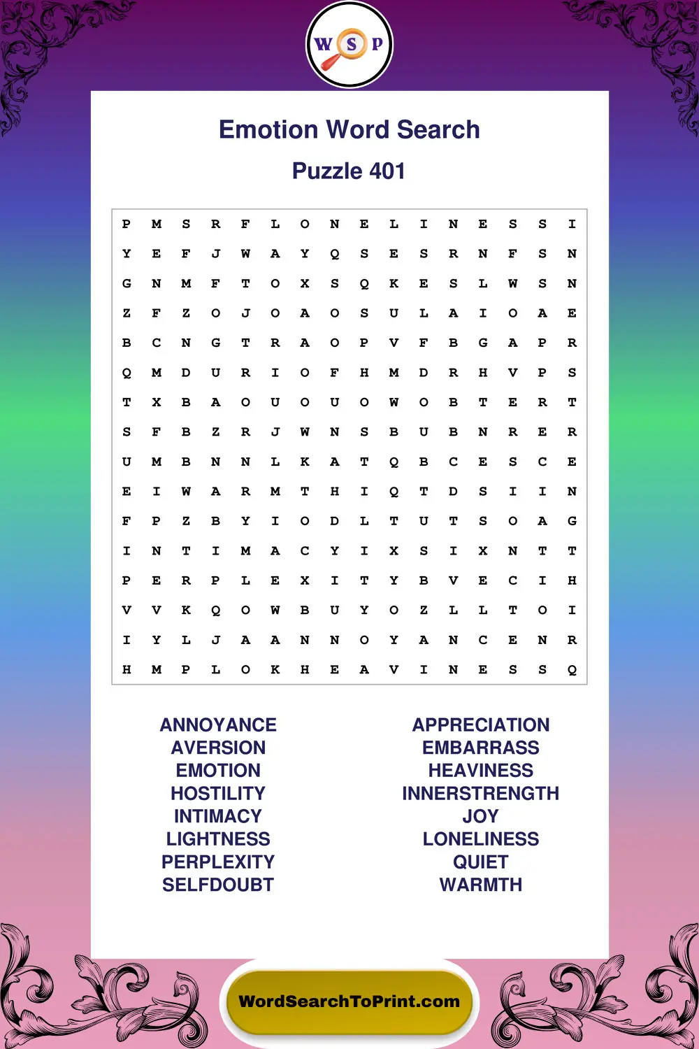 Emotion Word Search Puzzle 401
