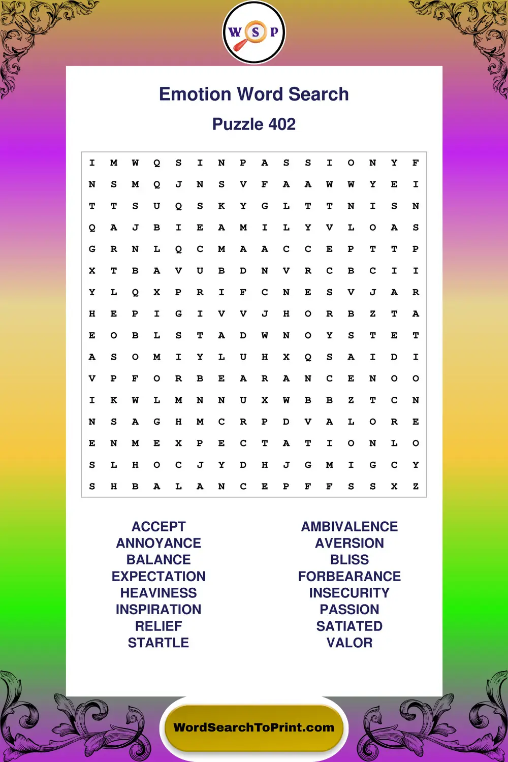 Emotion Word Search Puzzle 402