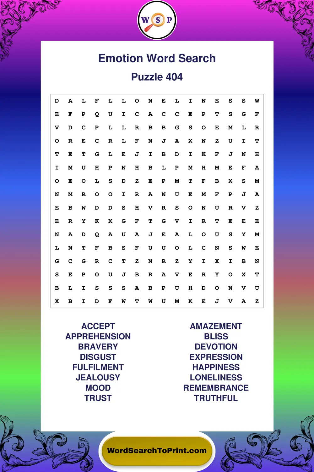 Emotion Word Search Puzzle 404