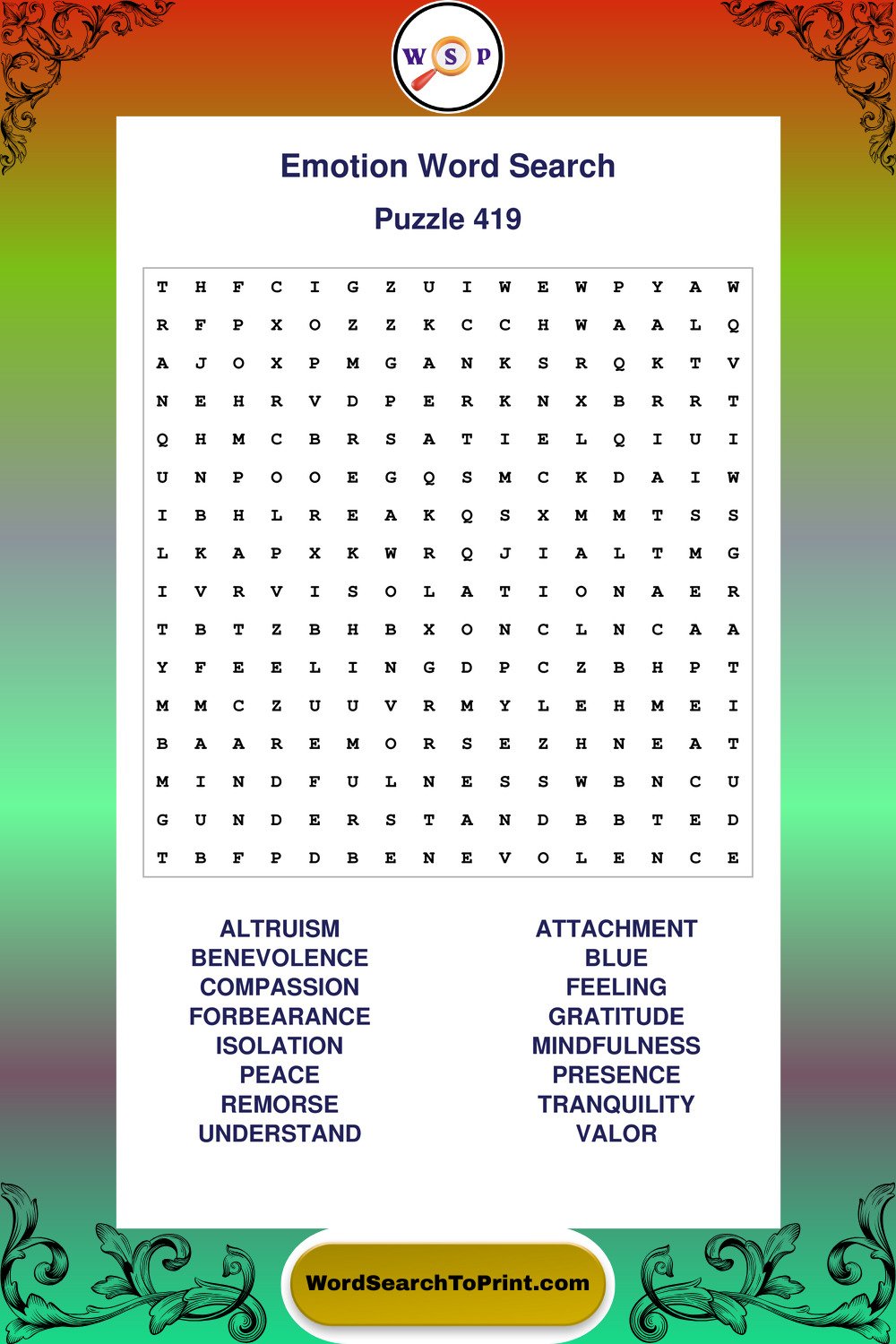 Emotion Word Search Puzzle 419