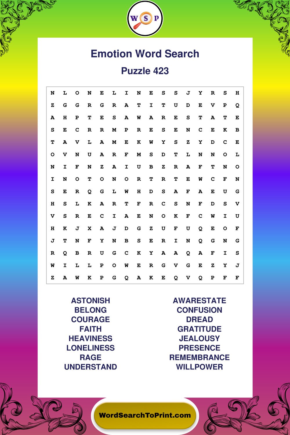 Emotion Word Search Puzzle 423