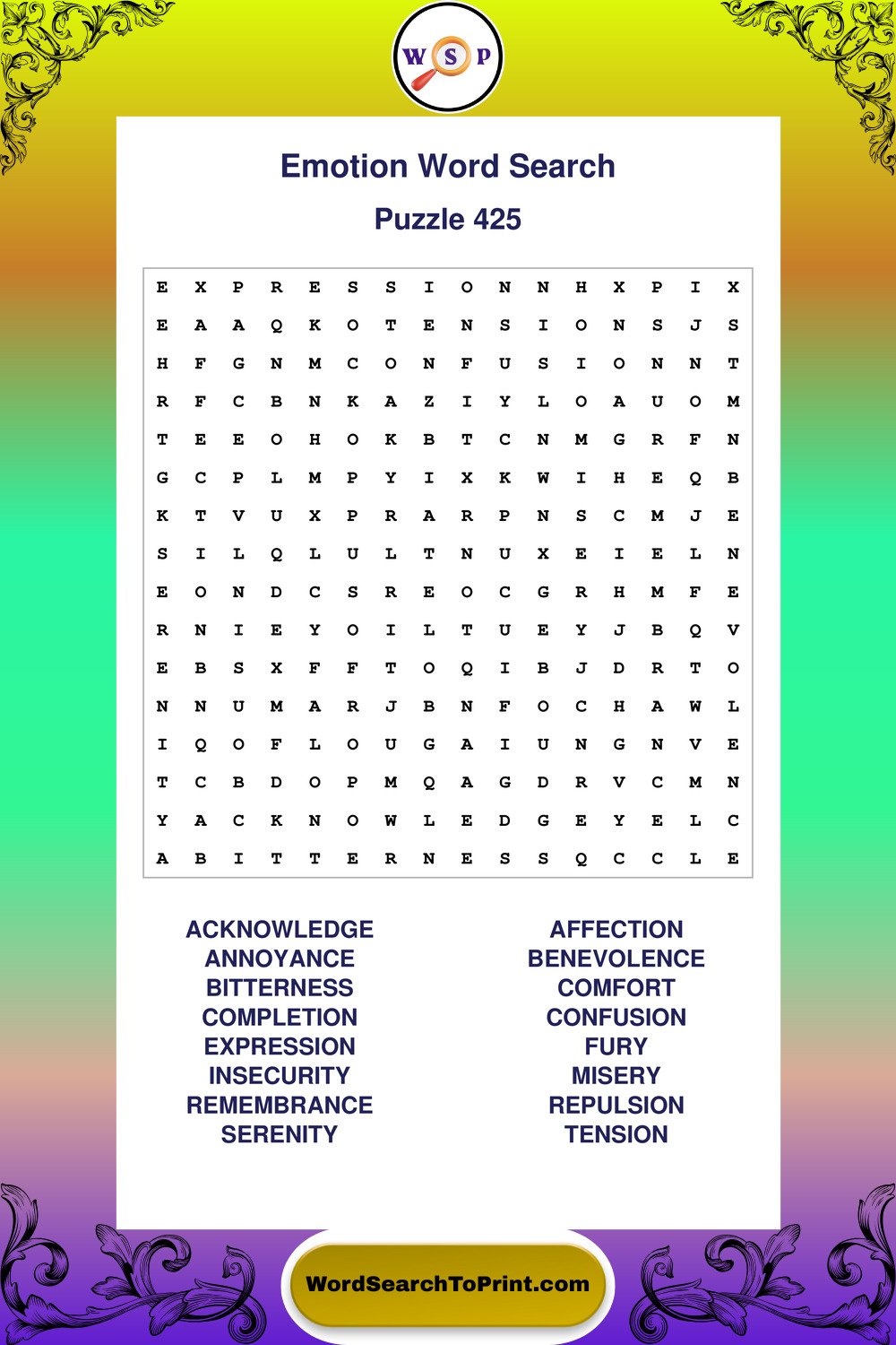 Emotion Word Search Puzzle 425