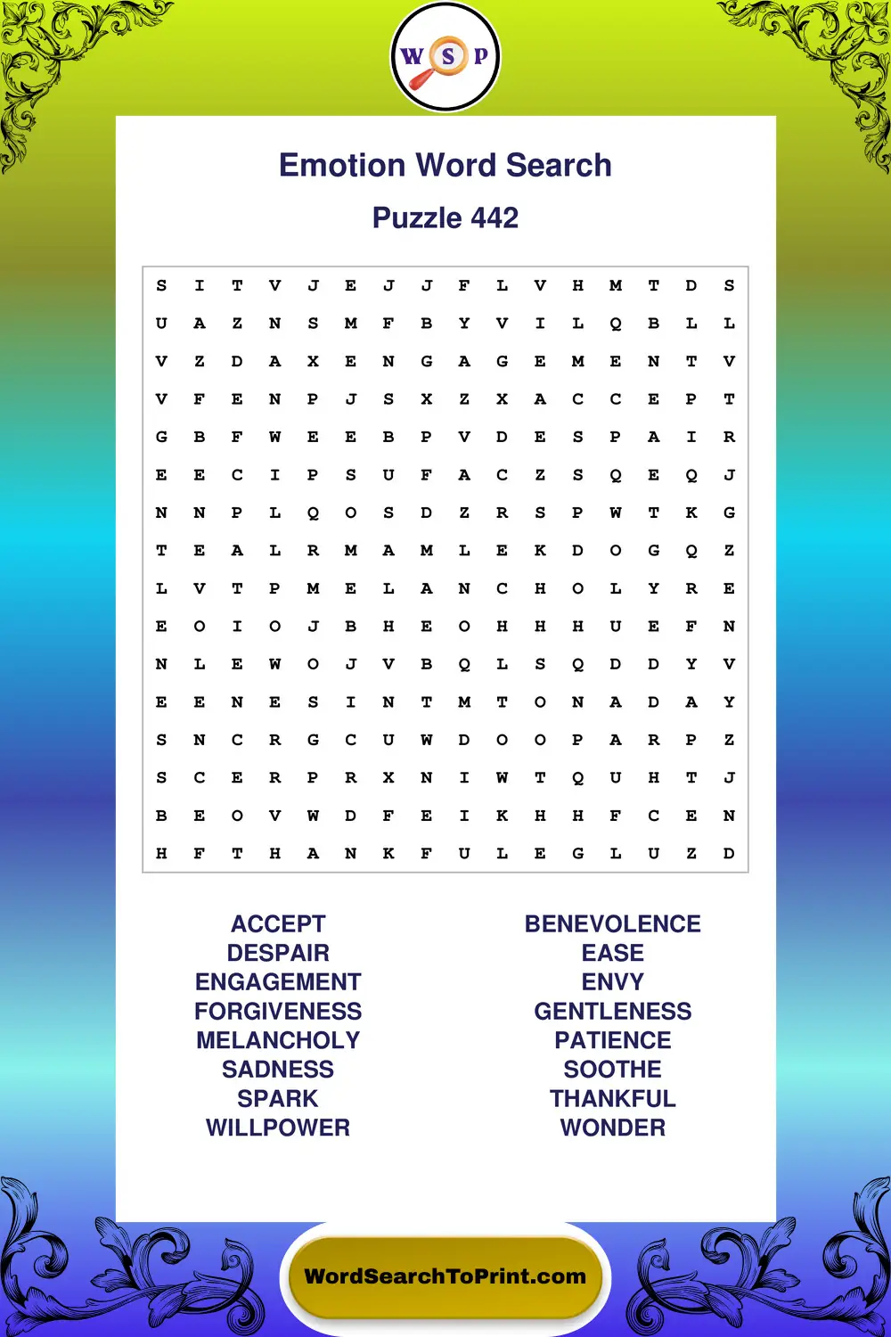 Emotion Word Search Puzzle 442