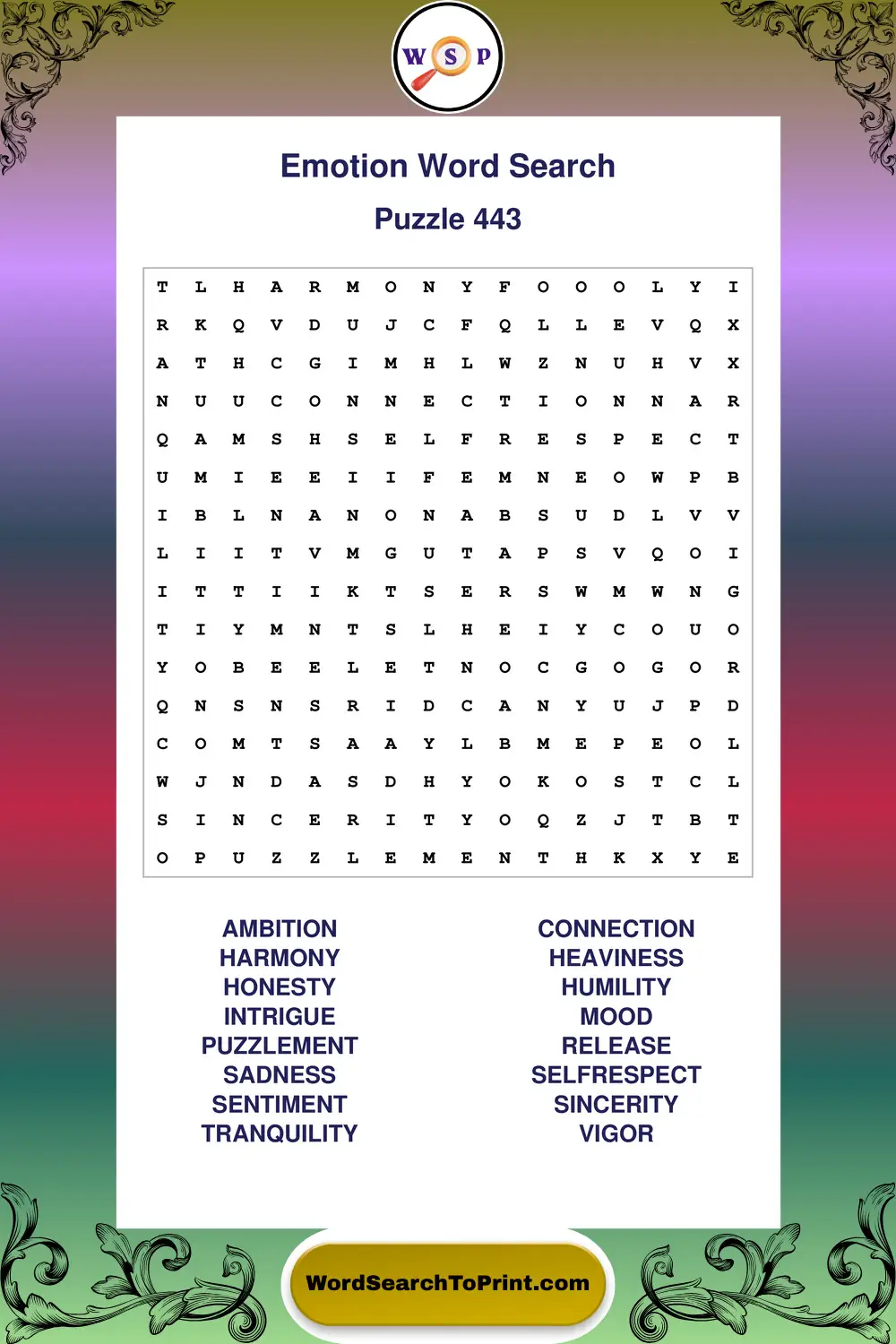 Emotion Word Search Puzzle 443