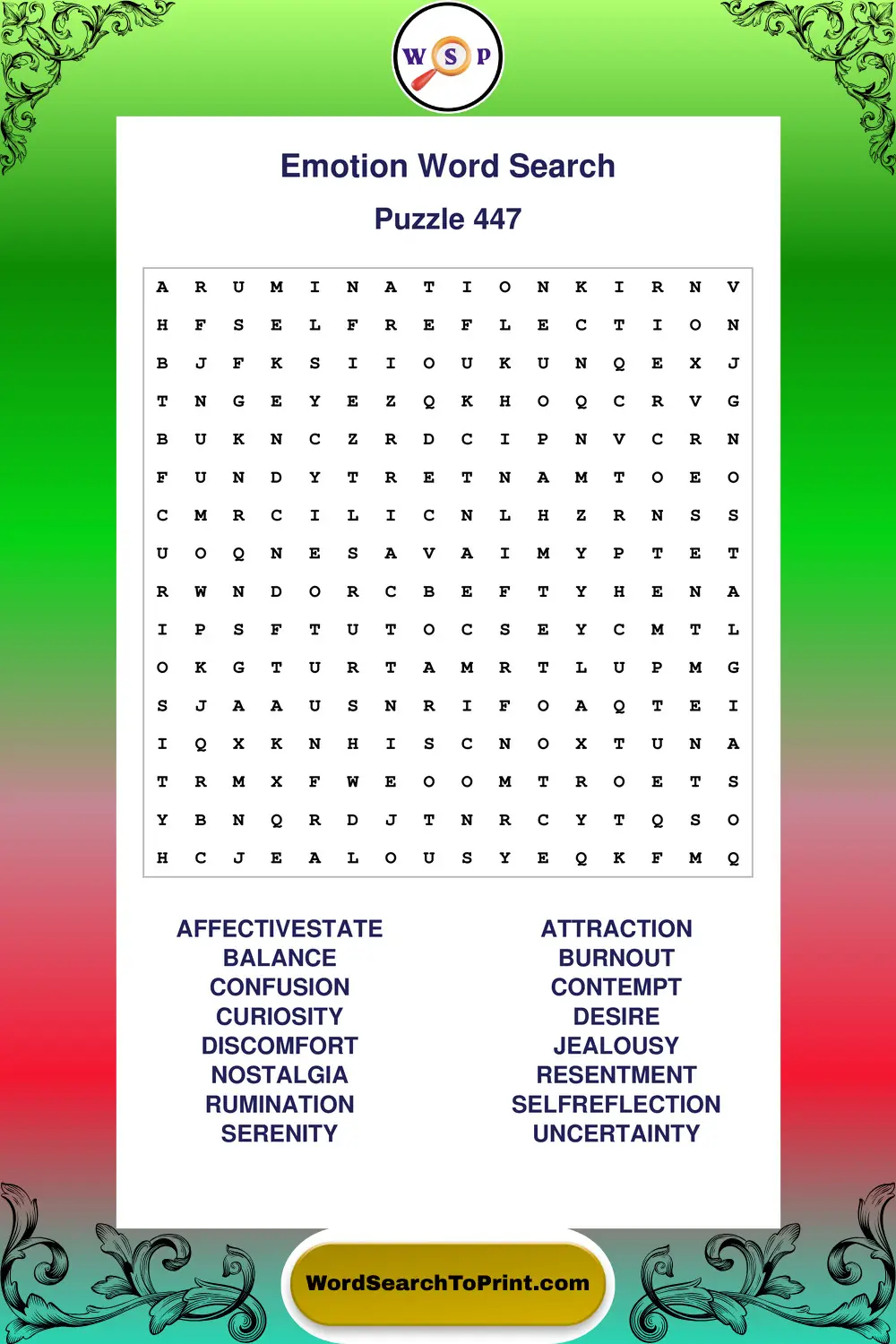Emotion Word Search Puzzle 447
