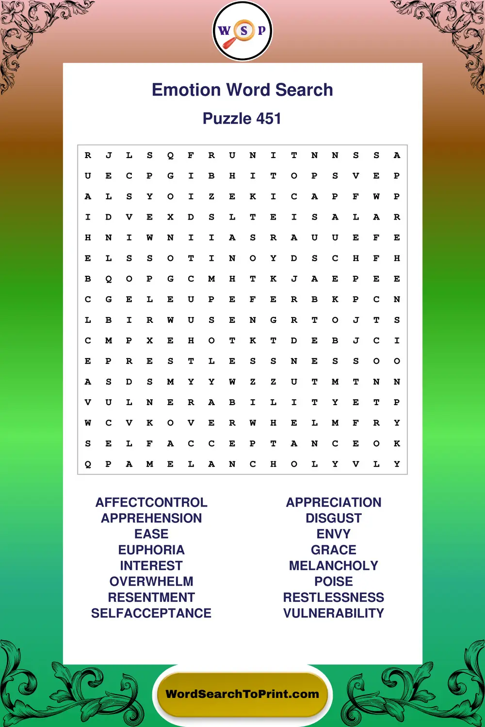 Emotion Word Search Puzzle 451
