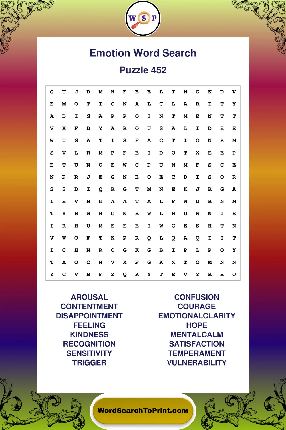 Emotion Word Search Puzzle 452