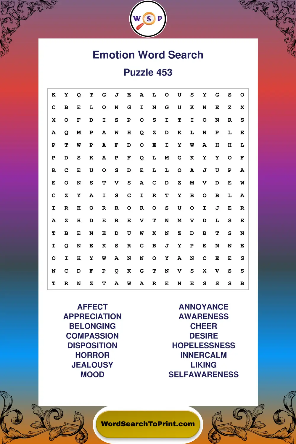 Emotion Word Search Puzzle 453