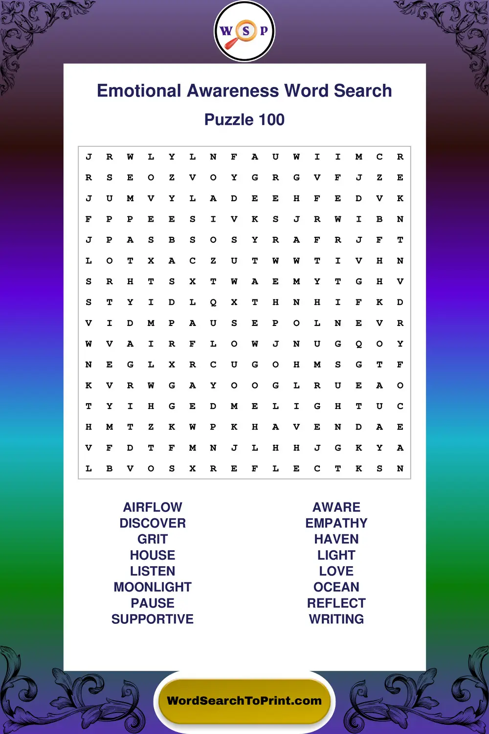 Emotional Awareness Word Search Puzzle 100