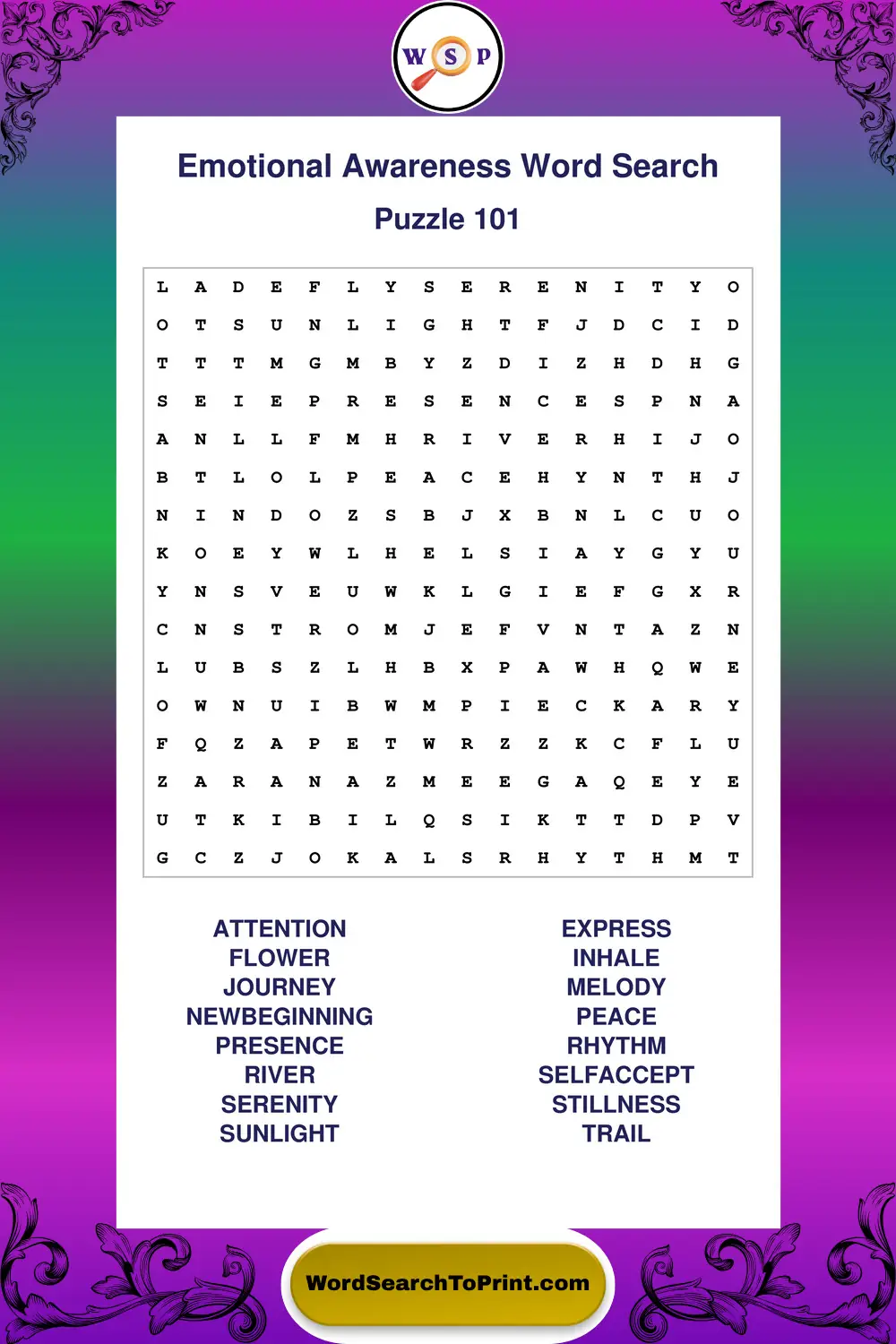 Emotional Awareness Word Search Puzzle 101