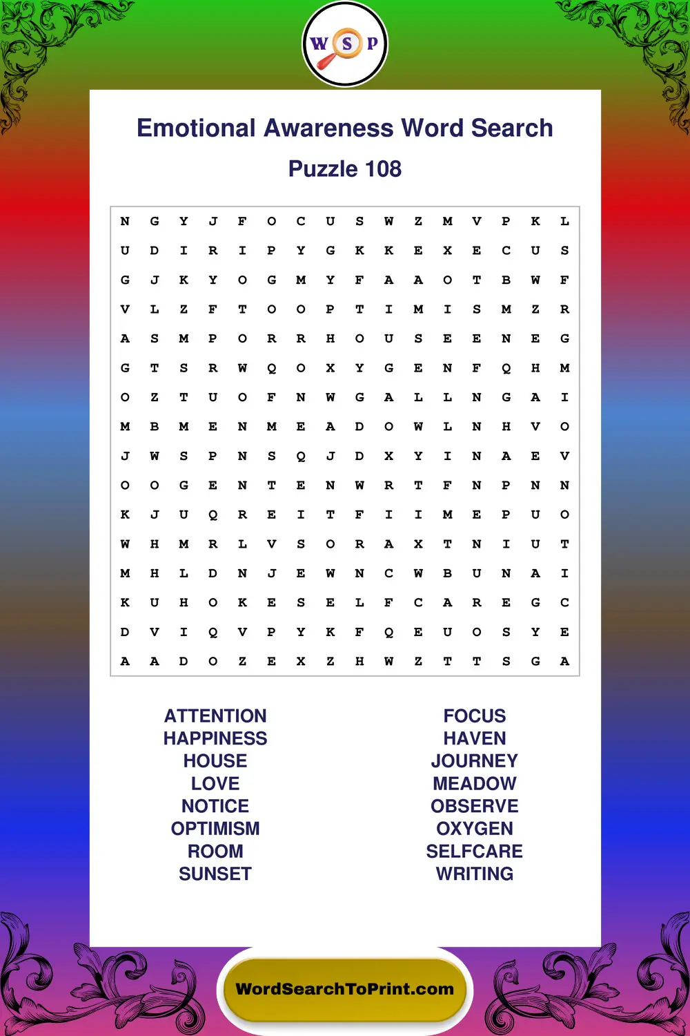 Emotional Awareness Word Search Puzzle 108