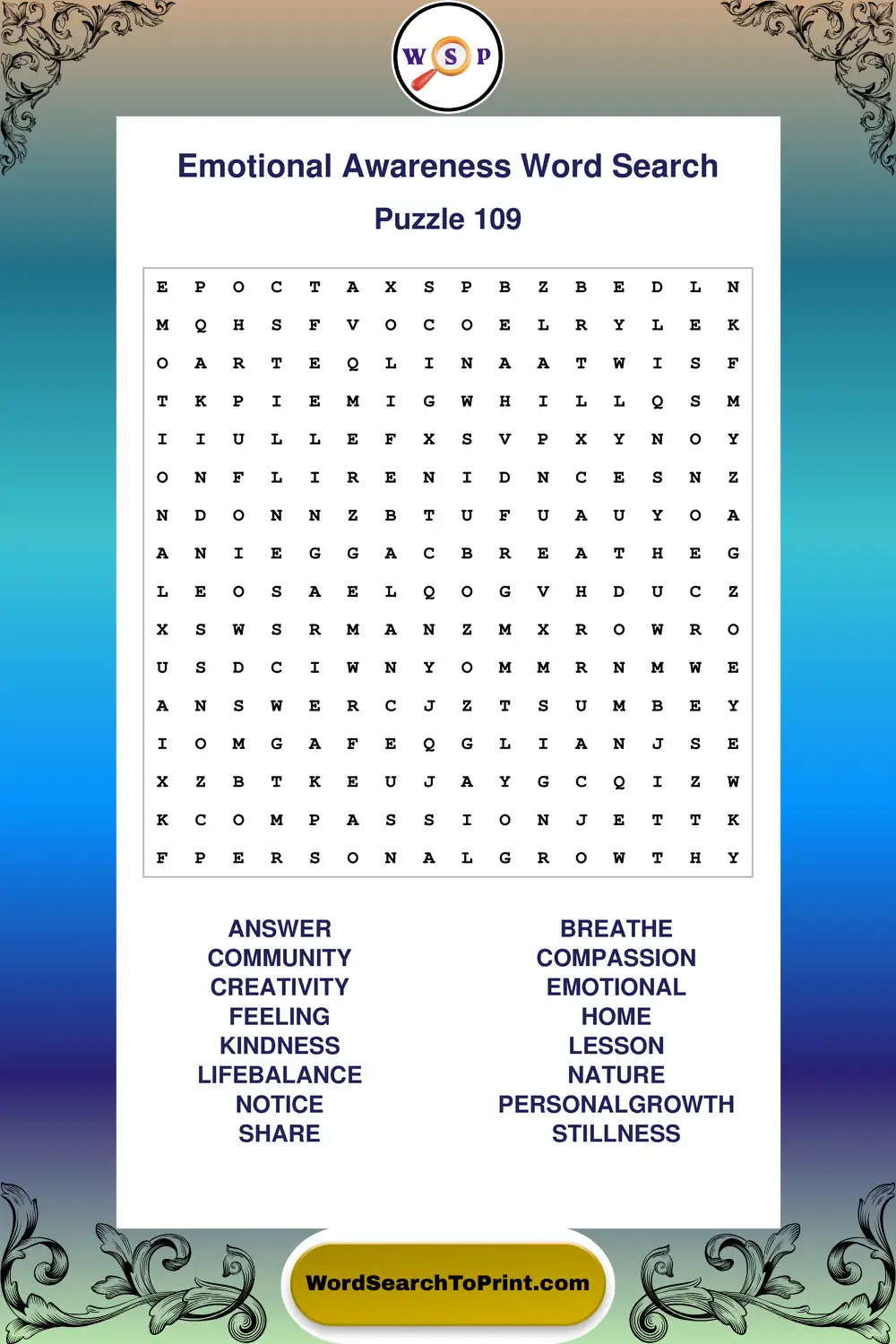 Emotional Awareness Word Search Puzzle 109