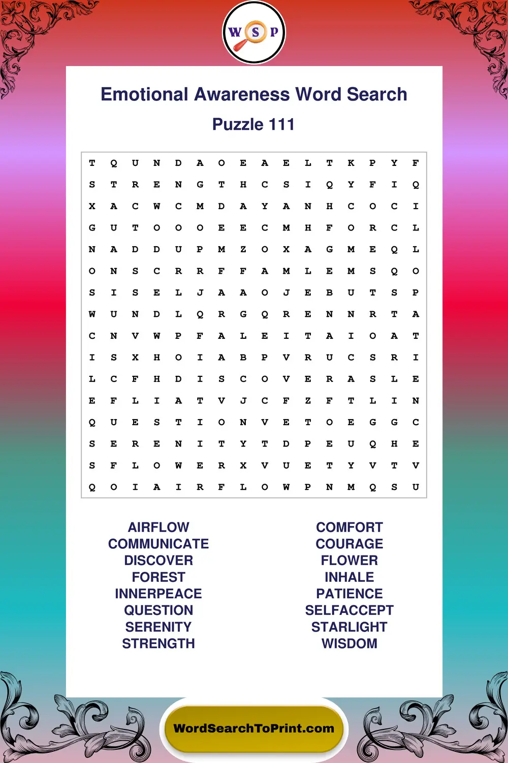 Emotional Awareness Word Search Puzzle 111
