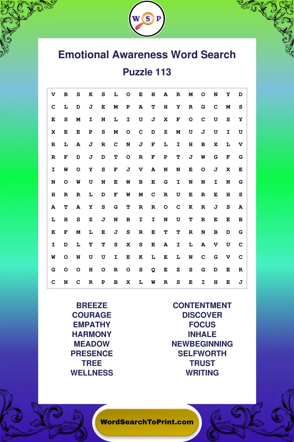 Emotional Awareness Word Search Puzzle 113