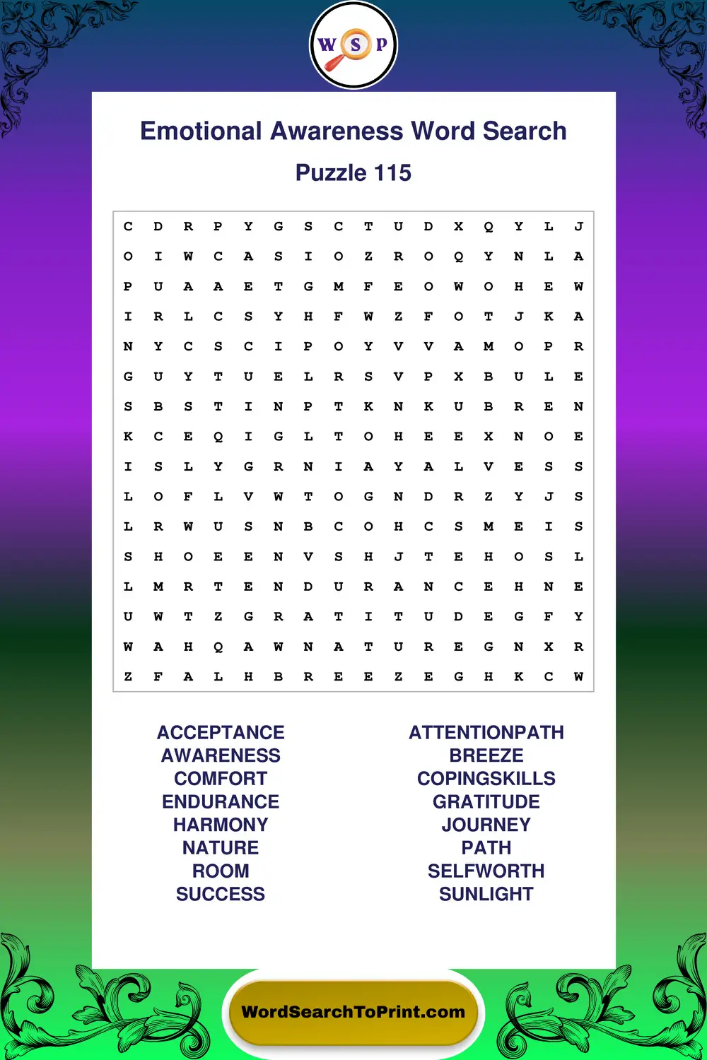 Emotional Awareness Word Search Puzzle 115