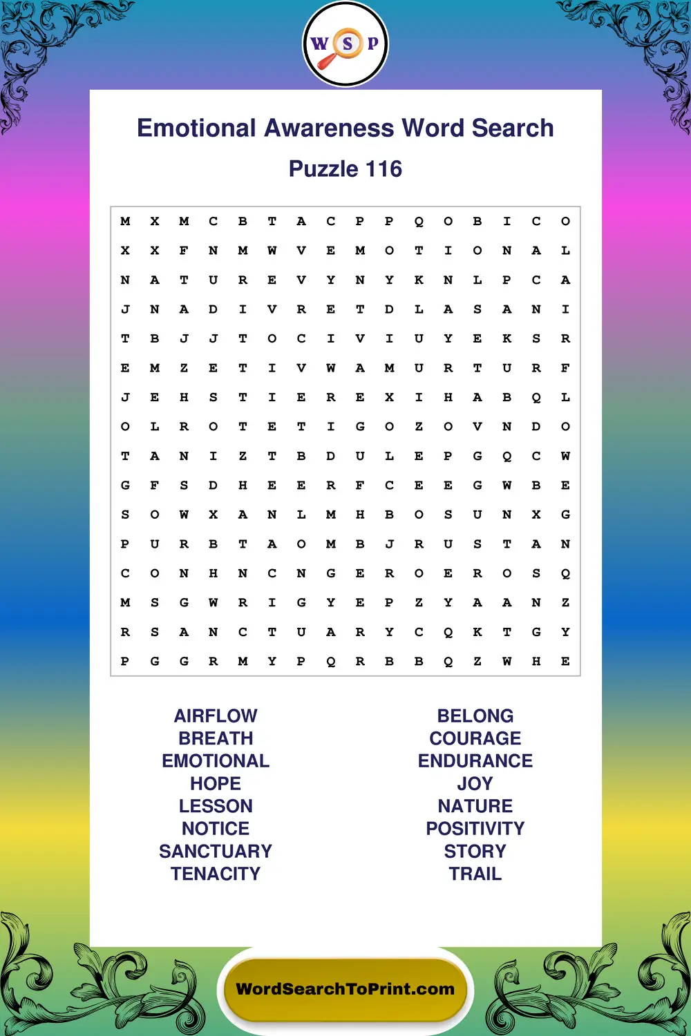 Emotional Awareness Word Search Puzzle 116
