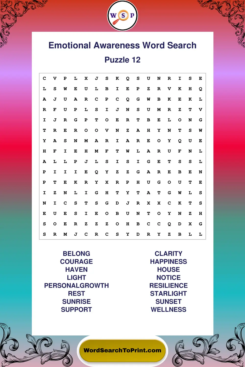 Emotional Awareness Word Search Puzzle 12