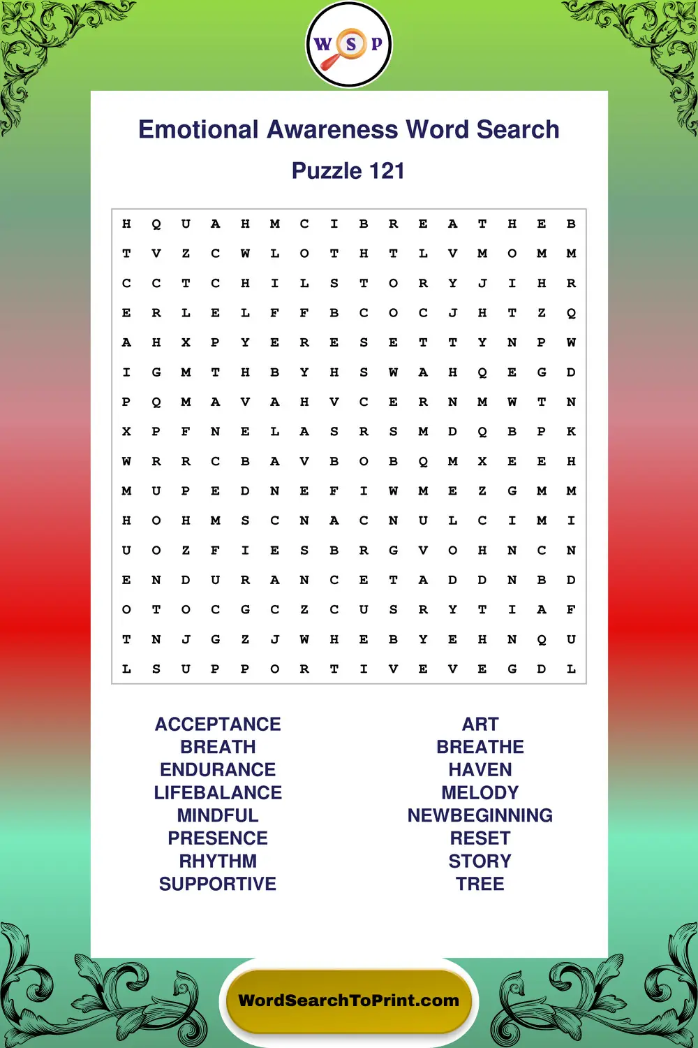 Emotional Awareness Word Search Puzzle 121