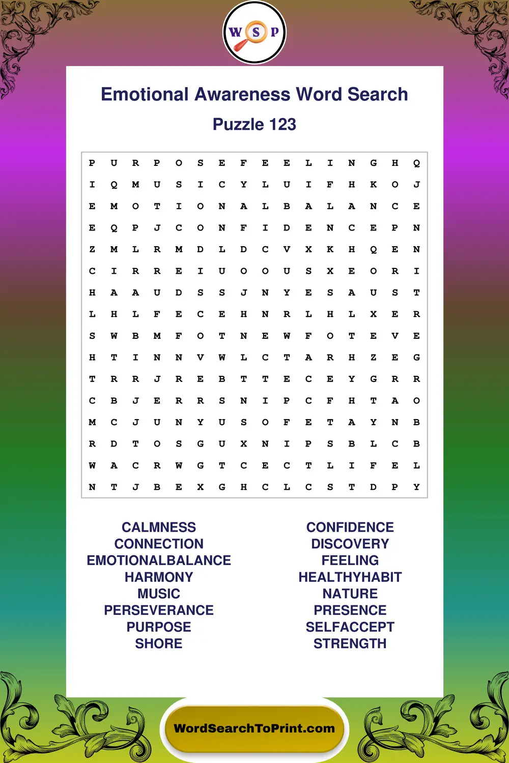Emotional Awareness Word Search Puzzle 123