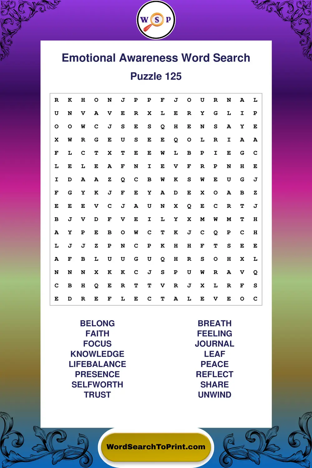 Emotional Awareness Word Search Puzzle 125
