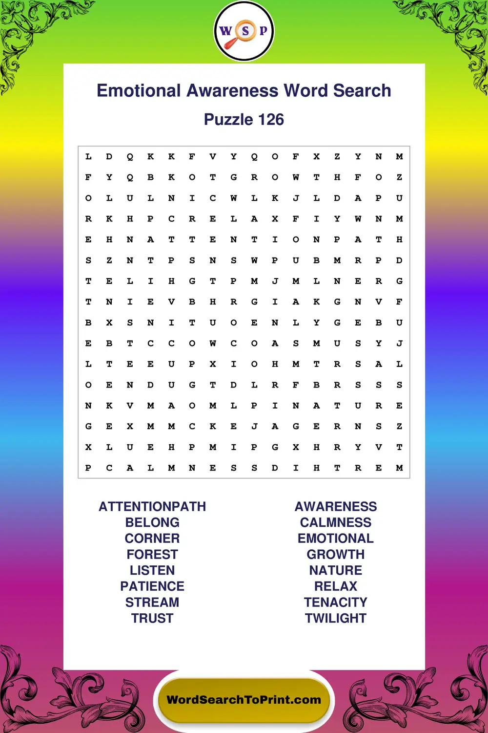 Emotional Awareness Word Search Puzzle 126