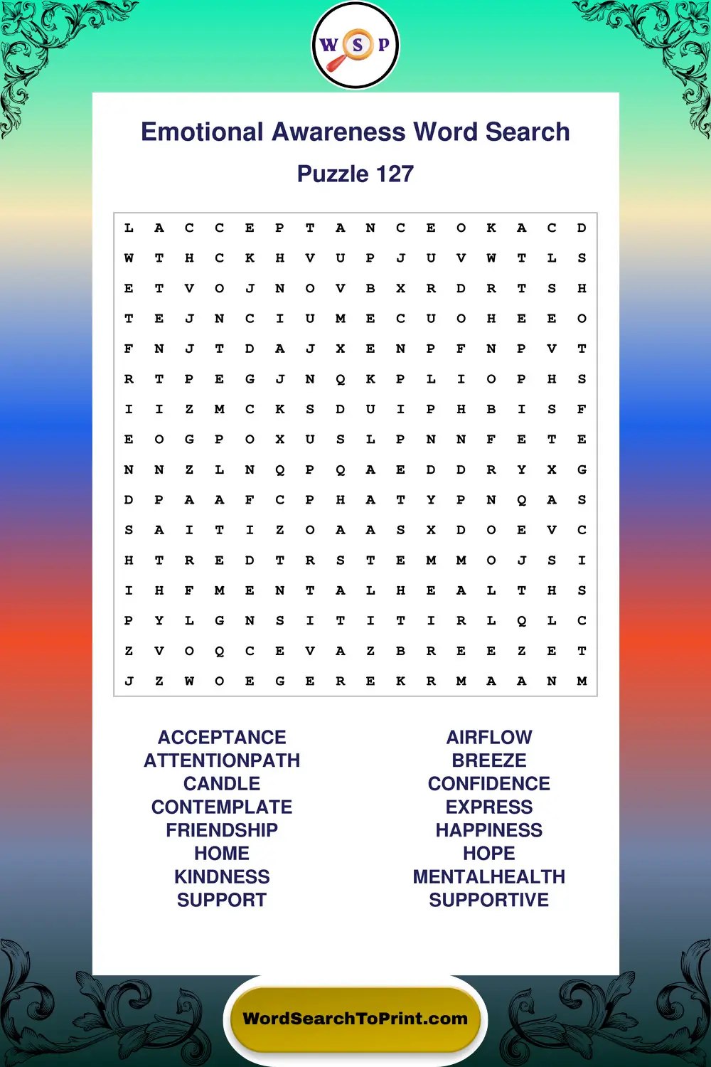 Emotional Awareness Word Search Puzzle 127