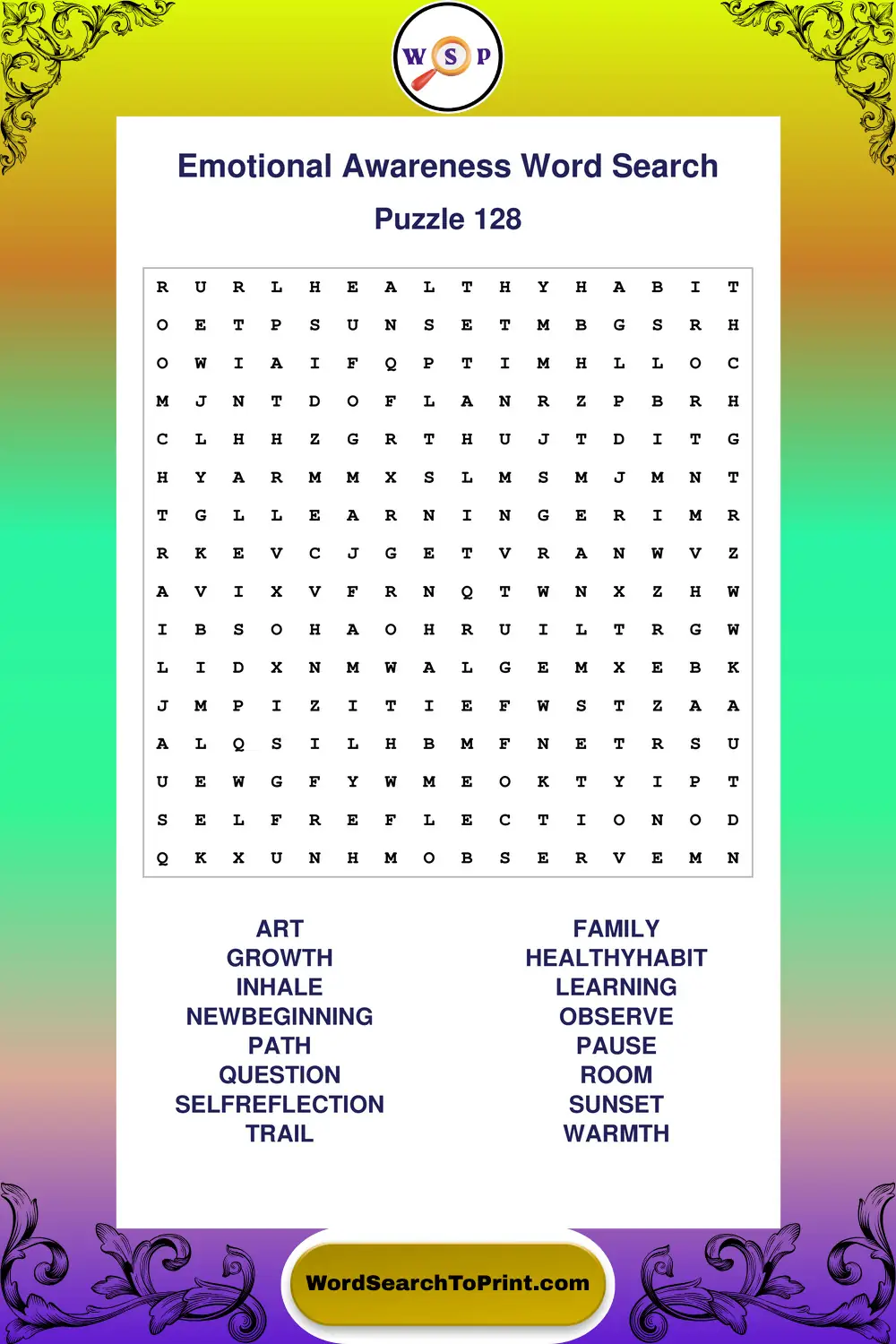 Emotional Awareness Word Search Puzzle 128