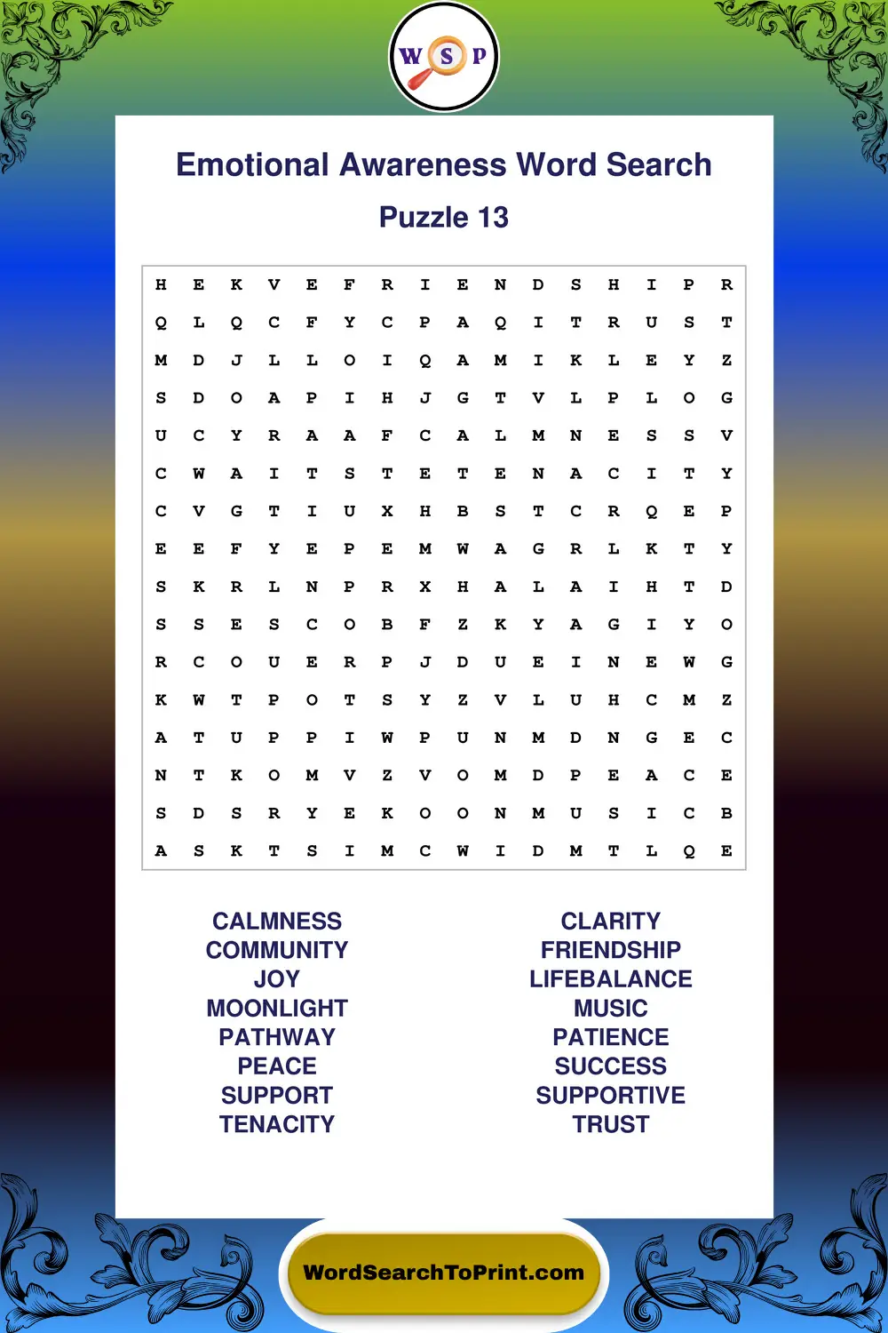 Emotional Awareness Word Search Puzzle 13