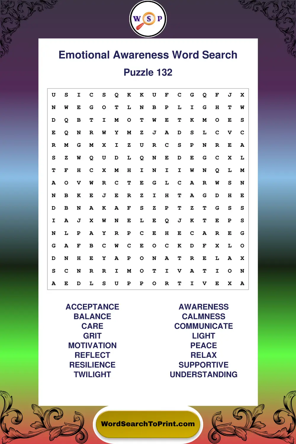 Emotional Awareness Word Search Puzzle 132