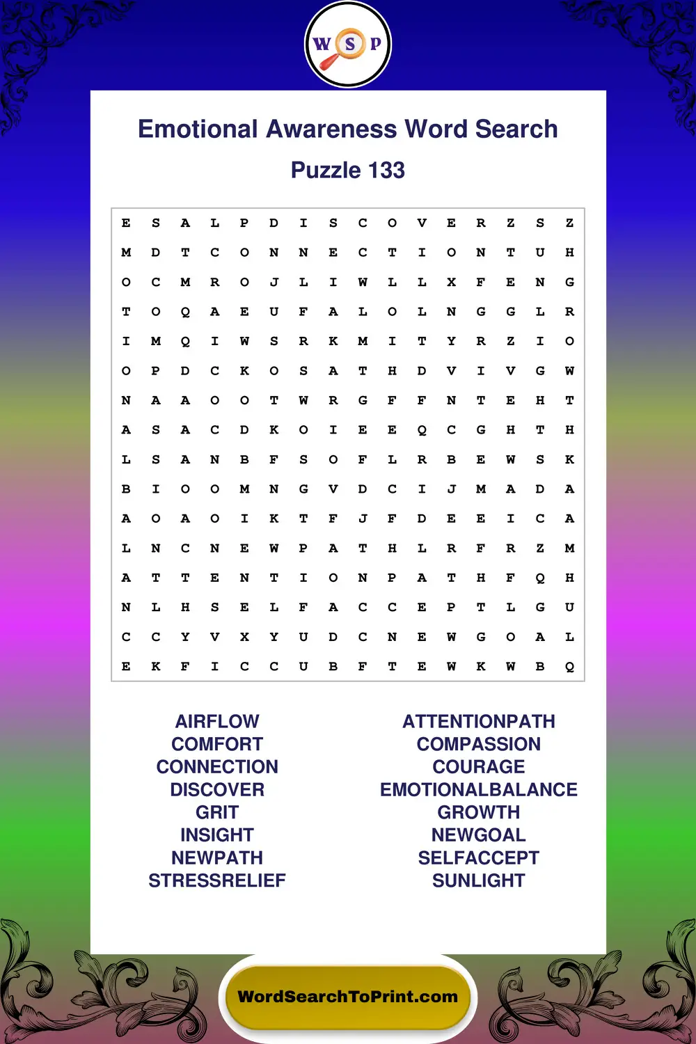 Emotional Awareness Word Search Puzzle 133