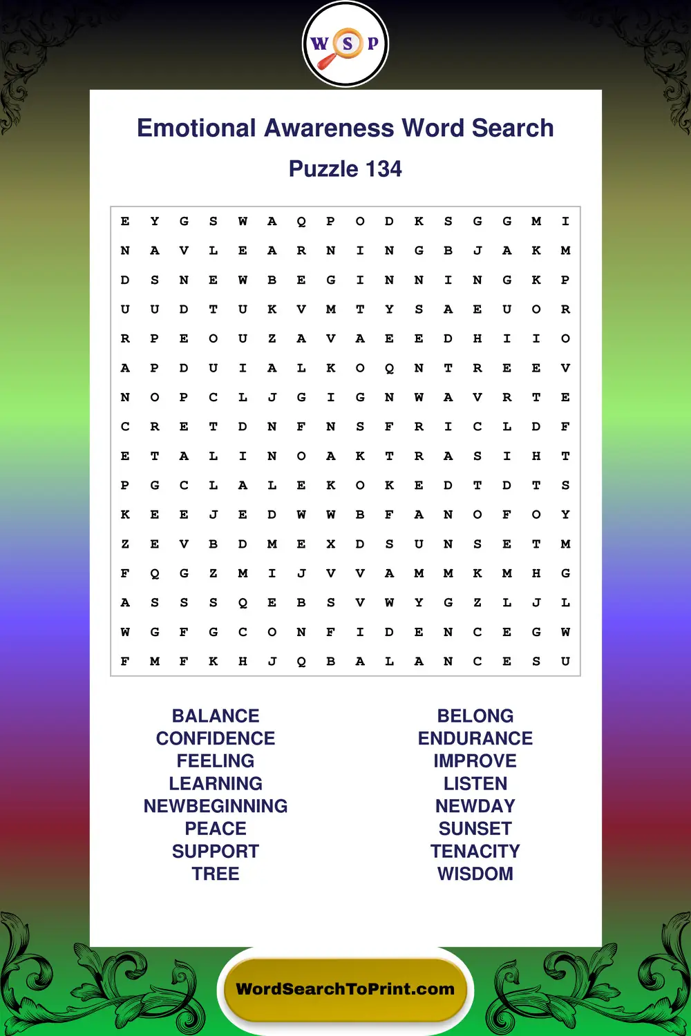 Emotional Awareness Word Search Puzzle 134