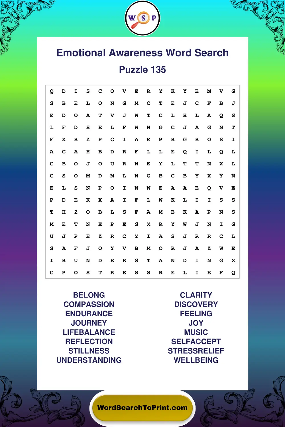 Emotional Awareness Word Search Puzzle 135