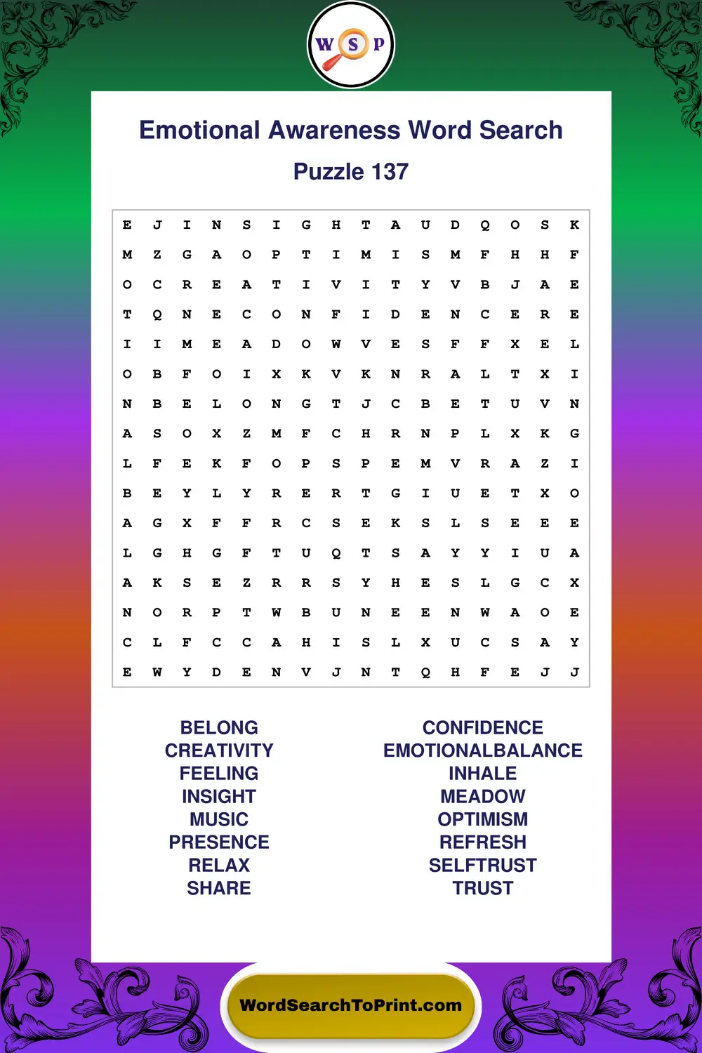 Emotional Awareness Word Search Puzzle 137
