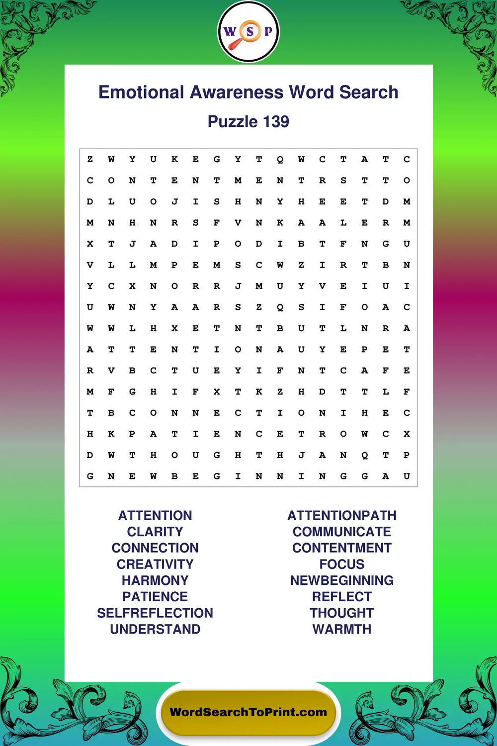 Emotional Awareness Word Search Puzzle 139