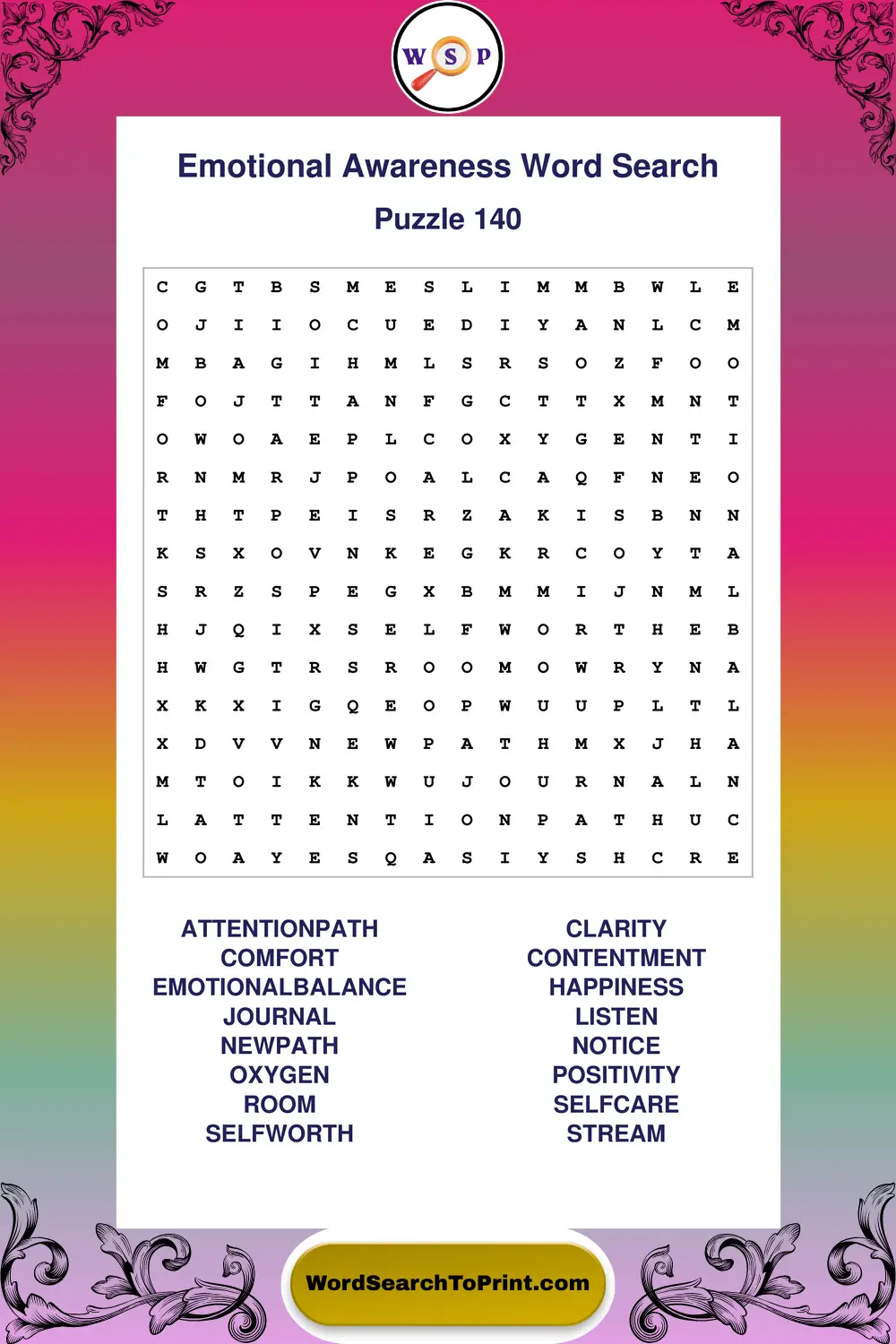 Emotional Awareness Word Search Puzzle 140