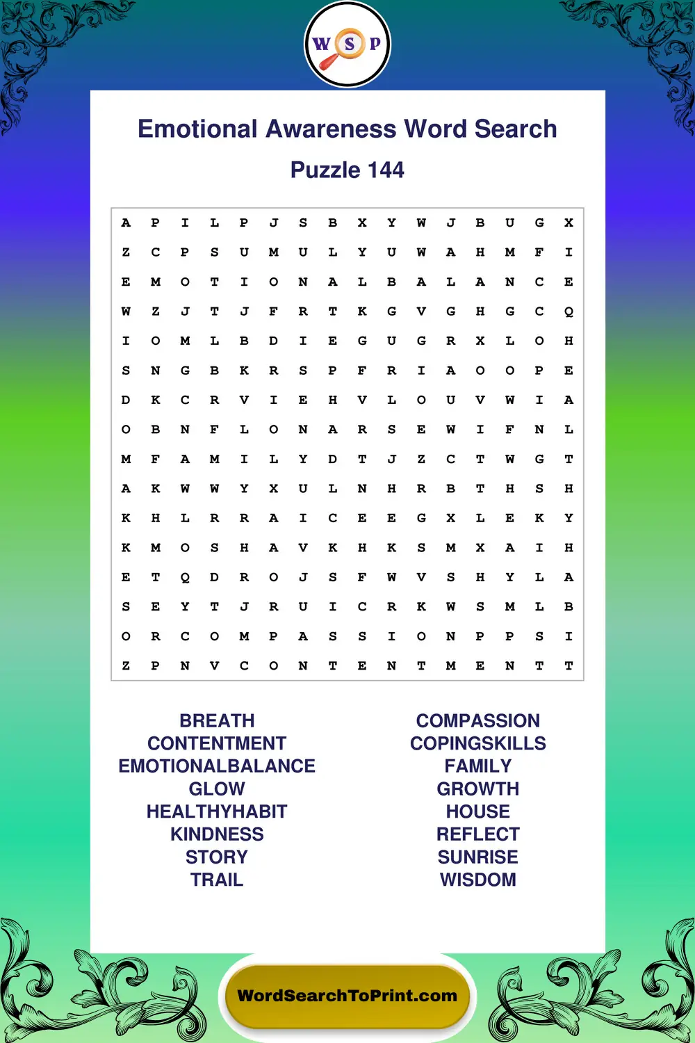 Emotional Awareness Word Search Puzzle 144