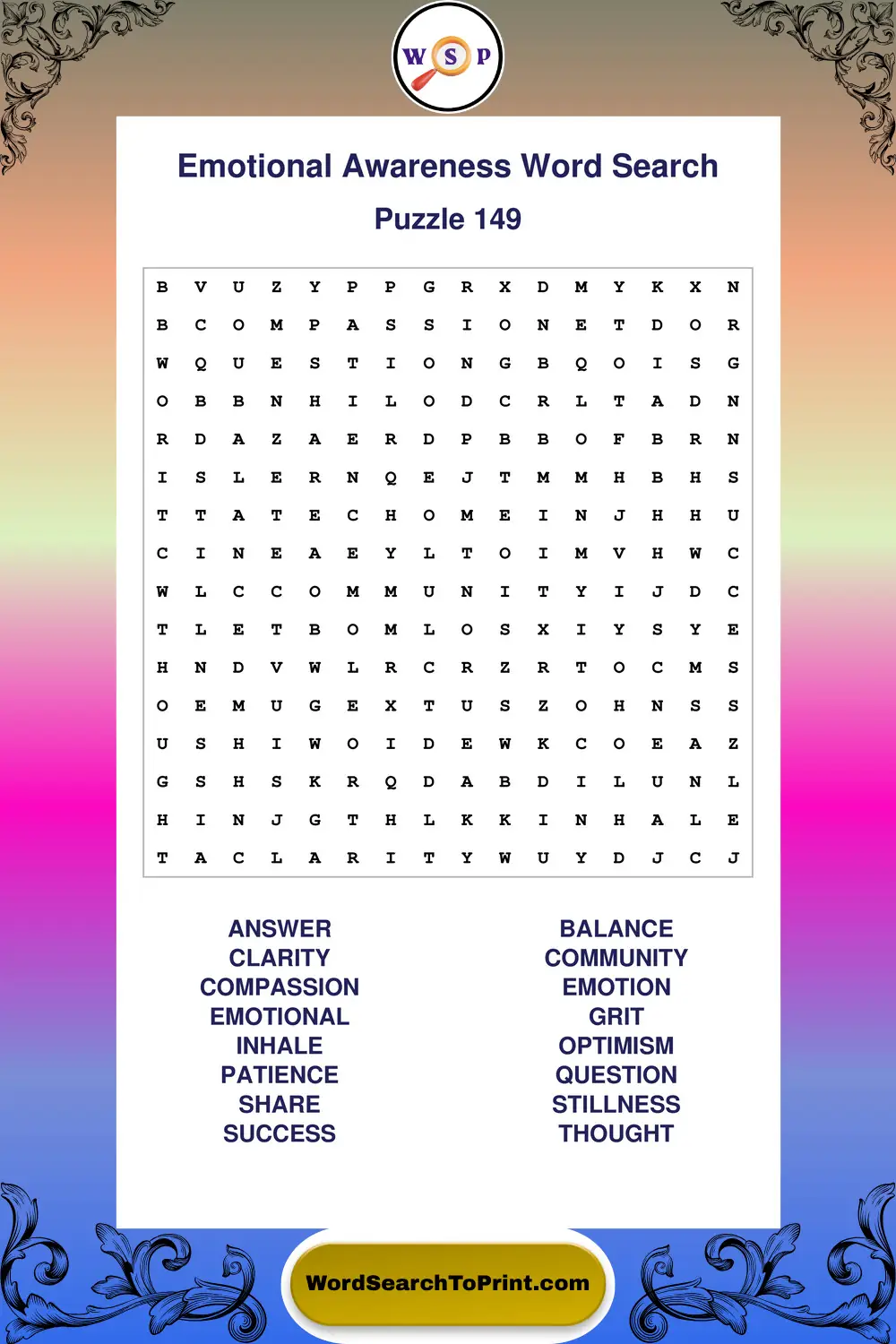 Emotional Awareness Word Search Puzzle 149