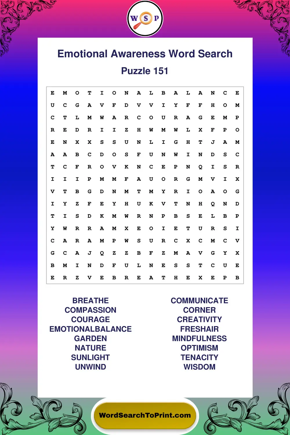 Emotional Awareness Word Search Puzzle 151